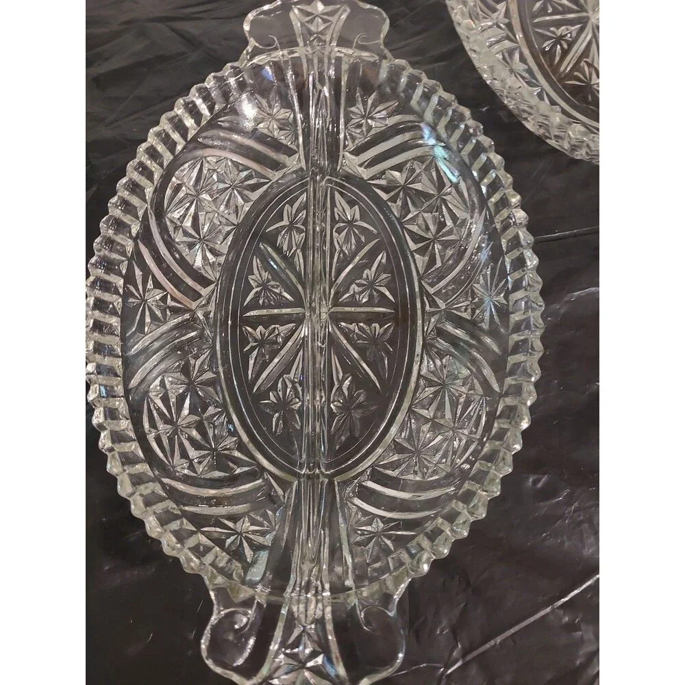 (2) MCM Vintage Anchor Hocking Pressed Glass Crystal Relish Serving Dishes Trays